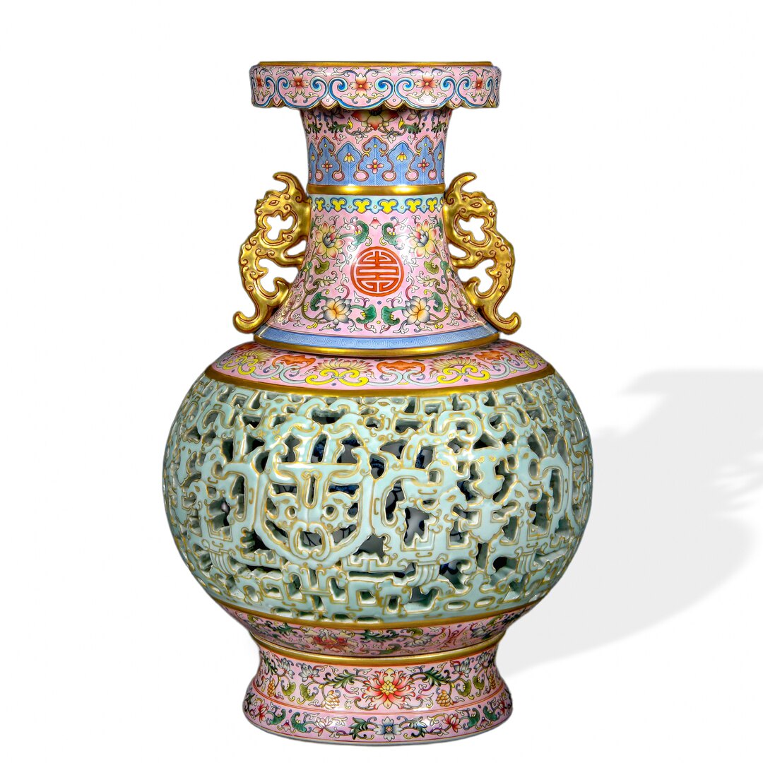 Famille rose reticulated longevity vase with gilt chilong handles