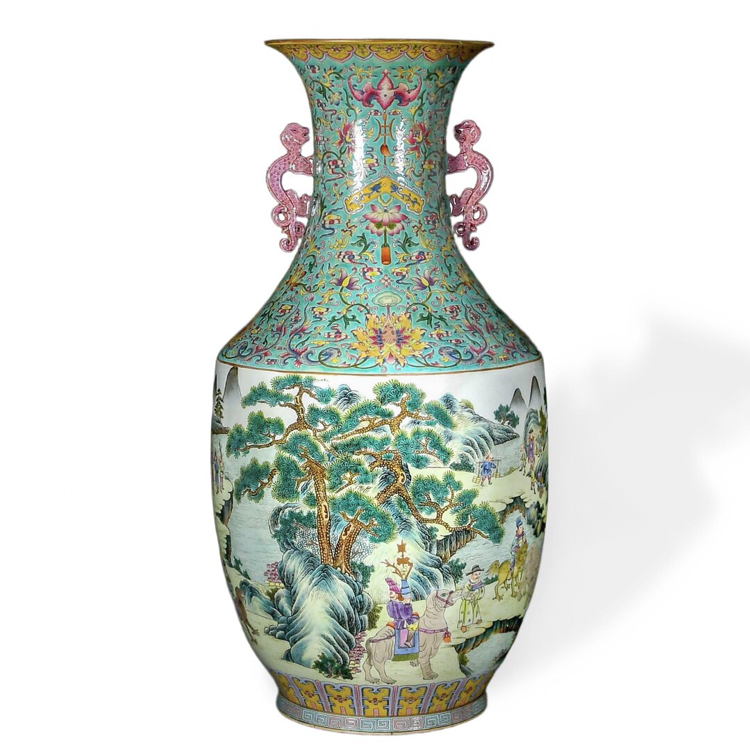 Monumental famille rose landscape vase